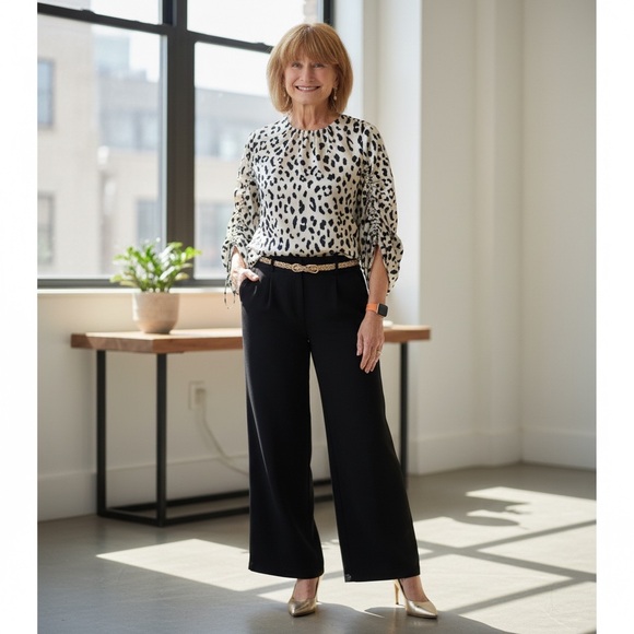 Tibi Tops - Tibi 100% silk leopard print Black and White blouse ruched drawstring sleeves 4